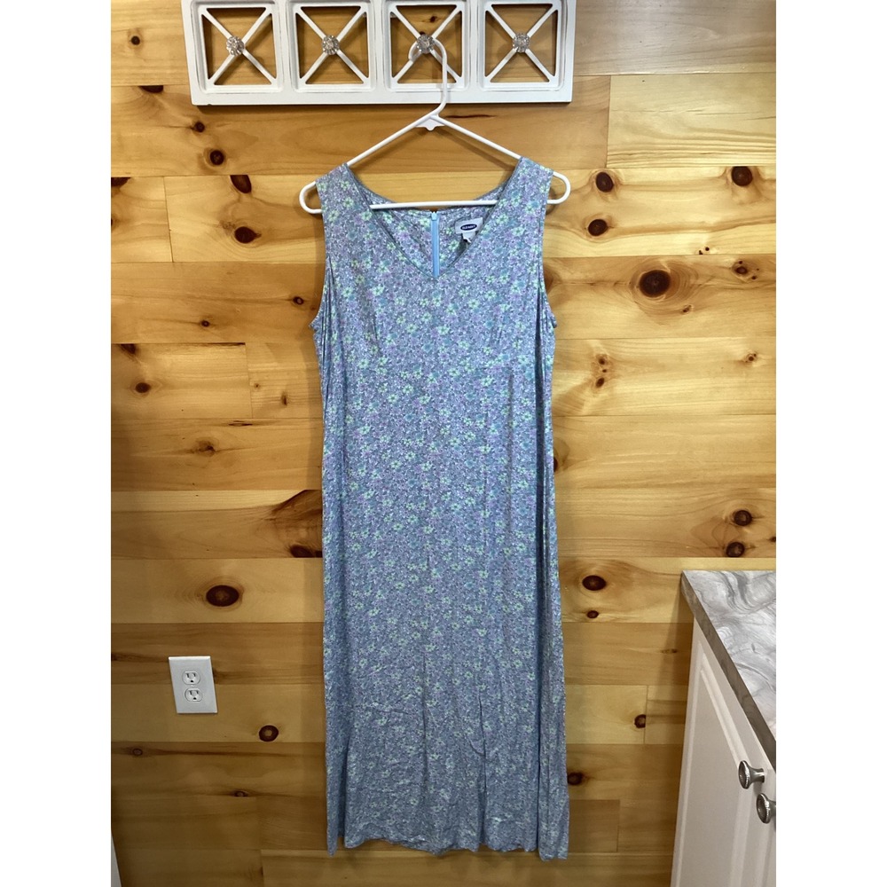 Old Navy Women 12 Blue Purple Floral Rayon Sleeveless Maxi Dress V-Neck Vintage
